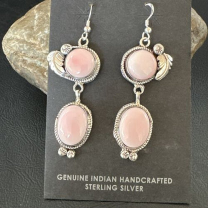 Navajo Pink Conch Shell Dangle Earrings | Sterling Silver | Authentic Native American Handmade | 17191