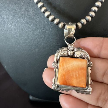 Navajo Orange Spiny Oyster Pendant Necklace | Sterling Silver | 20" | Authentic Native American Handmade | 16142