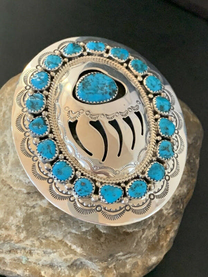 Bearpaw Navajo Blue Kingman Turquoise Concho Belt Buckle | Sterling Silver | Authentic Native American Handmade | 2082