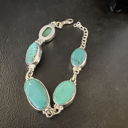 Navajo Blue Turquoise Link Bracelet | Sterling Silver | 8" | Authentic Native American Handmade | 15467