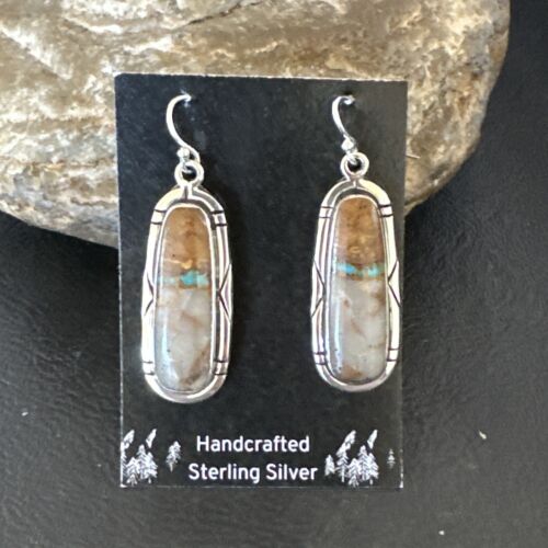Navajo Blue Boulder Turquoise Dangle Earrings | Sterling Silver | Authentic Native American Handmade | 16502