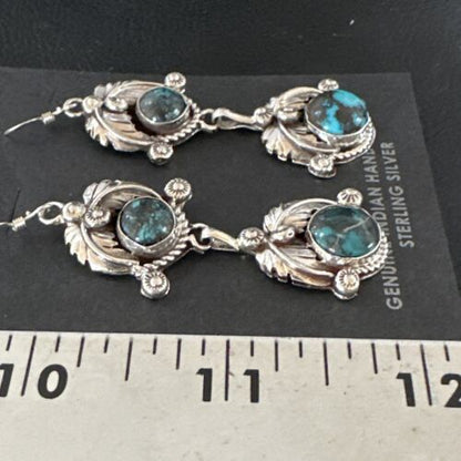 Navajo Blue Spiderweb Turquoise Dangle Earrings | Sterling Silver | Authentic Native American Handmade | 16012