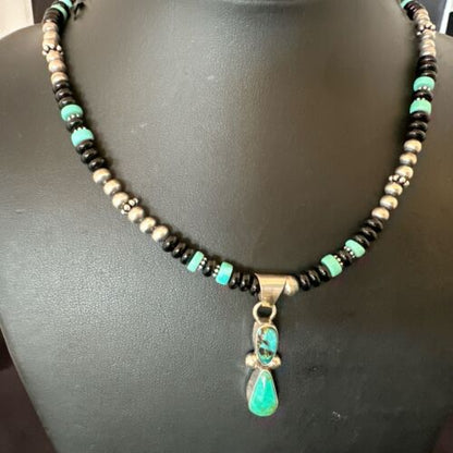 Navajo Men's Blue Turquoise Pendant with Pearls | Sterling Silver Onyx Necklace | Native American Handmade | 13203