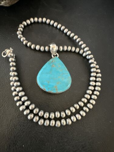 Navajo Blue Kingman Turquoise Pendant Necklace | Sterling Silver | 20" | Authentic Native American Handmade | 17001