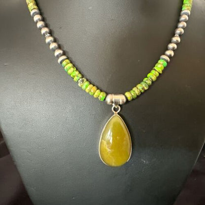 Navajo Green Turquoise Pendant with Pearls | Sterling Silver Necklace | Authentic Native American Handmade | 16917