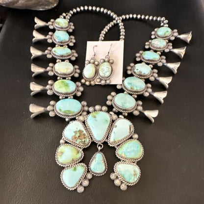 Royston Turquoise Navajo Squash Blossom Necklace & Earrings | Sterling Silver | Native American Handmade | 16536