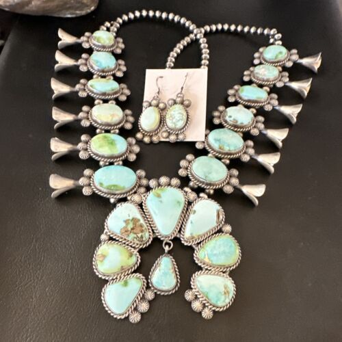 Royston Turquoise Navajo Squash Blossom Necklace & Earrings | Sterling Silver | Native American Handmade | 16536