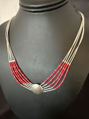 Navajo Concha Red Coral Heishi Necklace | 5 Strand Liquid Sterling Silver | 20" | 15878