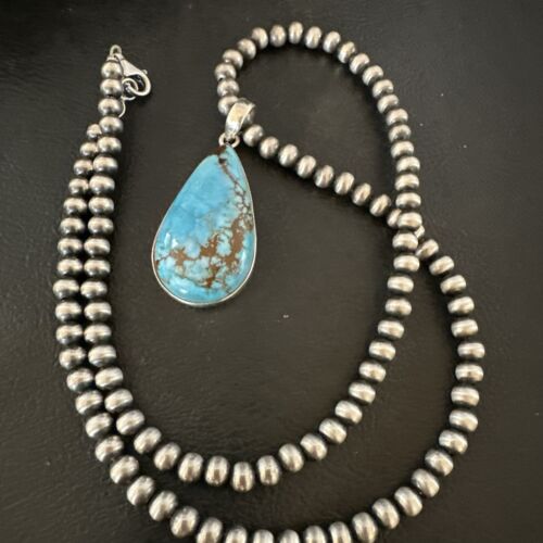Navajo Blue Spiderweb Turquoise Pendant Necklace | Sterling Silver | Authentic Native American Handmade | 17029