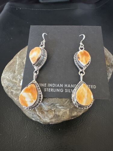 Navajo Orange Spiny Oyster Dangle Earrings | Sterling Silver | 1.5" | Authentic Native American Handmade | 16572