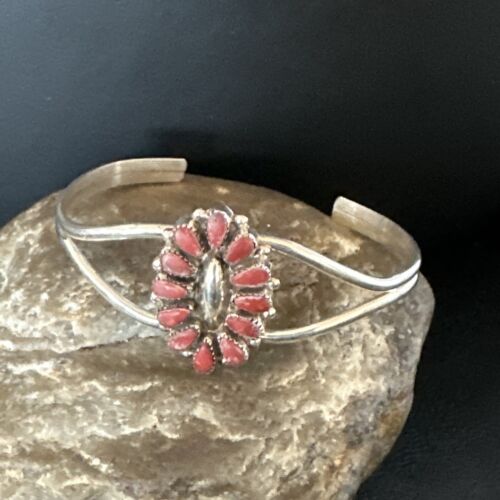 Navajo Red Coral Cluster Cuff Bracelet | Sterling Silver | Authentic Native American Handmade | 15245