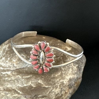 Navajo Red Coral Cluster Cuff Bracelet | Sterling Silver | Authentic Native American Handmade | 15245