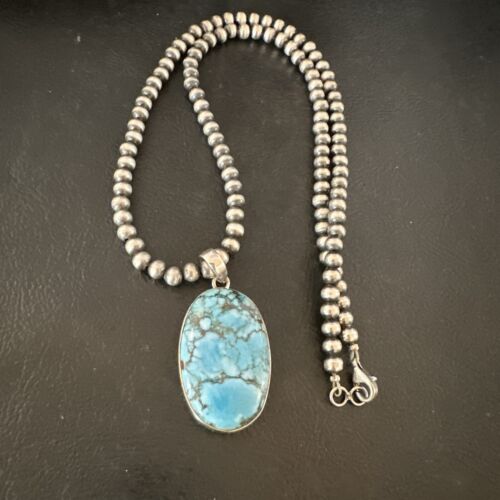 Navajo Blue Spiderweb Turquoise Pendant Necklace | Sterling Silver | Authentic Native American Handmade | 17027