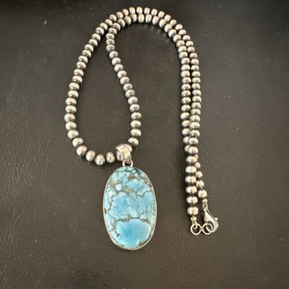 Navajo Blue Spiderweb Turquoise Pendant Necklace | Sterling Silver | Authentic Native American Handmade | 17027