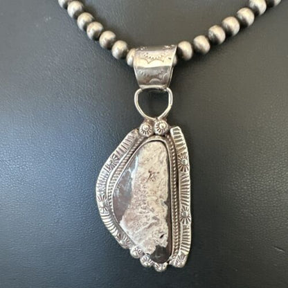 White Buffalo Turquoise Pendant | Navajo Pearls | Sterling Silver Necklace 21" | 17106