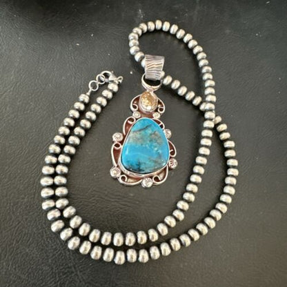 Navajo Blue Kingman Turquoise Wild Horse Necklace Pendant | Sterling Silver | Authentic Native American Handmade | 17221