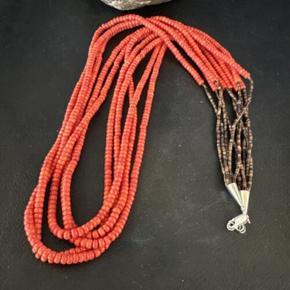 Navajo Red Spiny Oyster Shell Necklace | 5 Strand | Sterling Silver | 26" | Authentic Native American Handmade | 15530