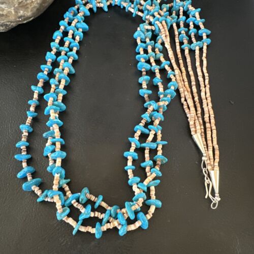 Navajo Blue Kingman Turquoise Shell Heishi Necklace | Sterling Silver | 30" | Authentic Native American Handmade | 16070