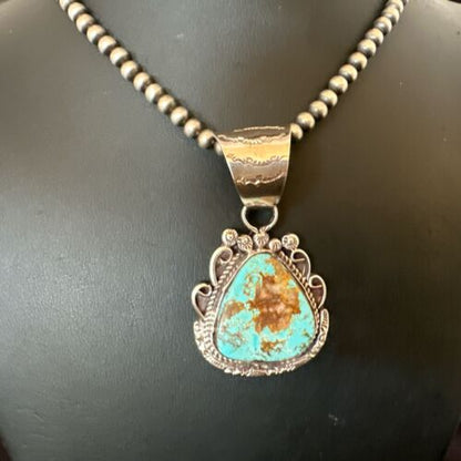 Navajo Royston Turquoise Pendant with Pearls | Sterling Silver Necklace | Authentic Native American Handmade | 17064