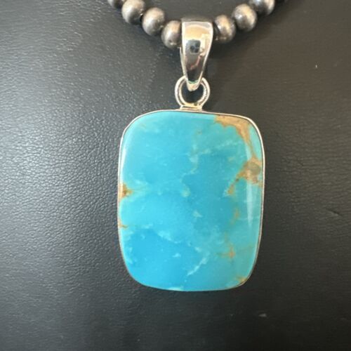 Navajo Blue Kingman Turquoise Pendant Necklace | Sterling Silver Pearls | 20" | 16699