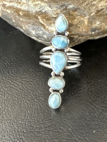 Navajo Blue Larimar Cluster Ring | Authentic Native American Sterling Silver | Multi-Stone | Sz 8 | 16157