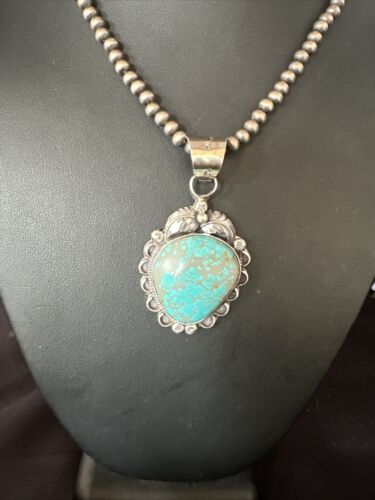 Navajo Pearls Sterling Silver Necklace with Blue Turquoise #8 Pendant | Authentic Native American Handmade | 14858