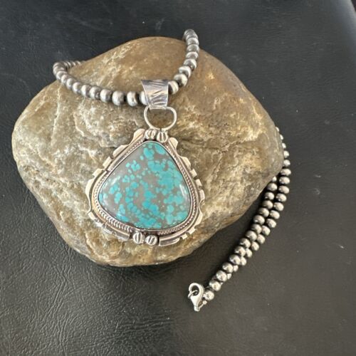 Navajo Men's Blue Turquoise #8 Pendant Necklace | Sterling Silver | Authentic Native American Handmade | 17123