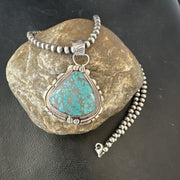 Navajo Men's Blue Turquoise #8 Pendant Necklace | Sterling Silver | Authentic Native American Handmade | 17123