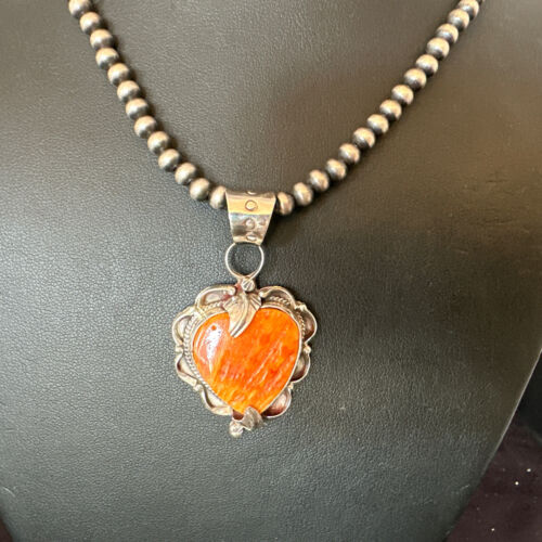 Navajo Orange Spiny Oyster Heart Pendant Necklace | Sterling Silver | Authentic Native American Handmade | 16298