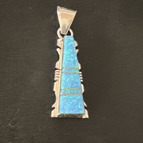 Navajo Blue Opal Inlay Pendant Necklace | Sterling Silver | Authentic Native American Handmade | 15672