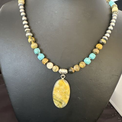 Men's BumbleBee Jasper Pendant Necklace | Navajo Pearls | Sterling Silver | Authentic Native American Handmade | 16876
