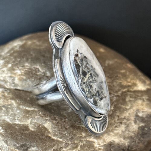 Navajo White Buffalo Turquoise Ring | Sterling Silver | Sz 8 | Authentic Native American Handmade | 14555