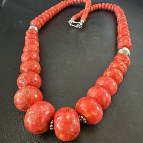 Authentic Navajo Sterling Silver Necklace | Apple Sponge Coral Graduated Beads | 25" | Native American Jewelry | 16815
