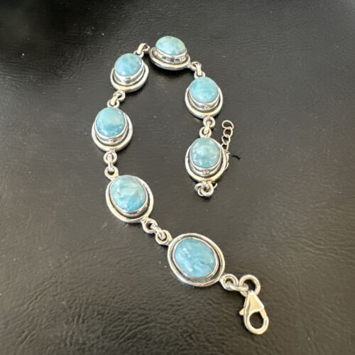 Navajo Blue Larimar Bracelet | Sterling Silver Link | 8" | Authentic Native American Handmade | 16076