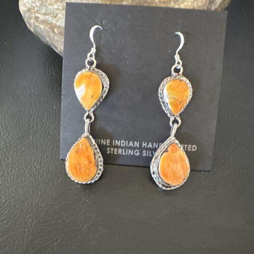 Navajo Orange Spiny Oyster Dangle Earrings | Sterling Silver | 1.5" | Authentic Native American Handmade | 16562