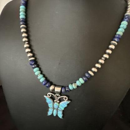 Navajo Butterfly Blue Opal Turquoise Inlay Pendant Necklace | Sterling Silver | Native American Handmade | 16760
