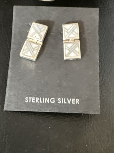Navajo White Buffalo Turquoise Inlay Post Earrings | Sterling Silver | Authentic Native American Handmade | 15312