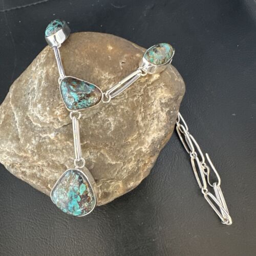 Navajo Blue Spiderweb Turquoise Lariat Necklace | Sterling Silver Pendant | 18" | 14959