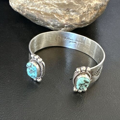 Kingman Turquoise Stamped Cuff Bracelet | Navajo Sterling Silver | Authentic Native American Handmade | 17461