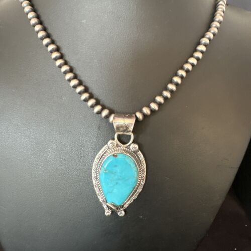 Navajo Blue Turquoise Pendant Necklace | Sterling Silver Pearls | Authentic Native American Handmade | 15645