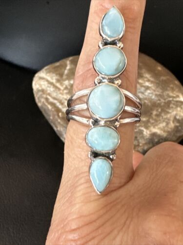 Navajo Blue Larimar Cluster Ring | Authentic Native American Sterling Silver | Multi-Stone | Sz 8.5 | 16159