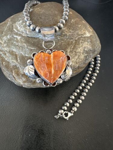 Navajo Orange Spiny Oyster Heart Pendant Necklace | Sterling Silver | Authentic Native American Handmade | 16425