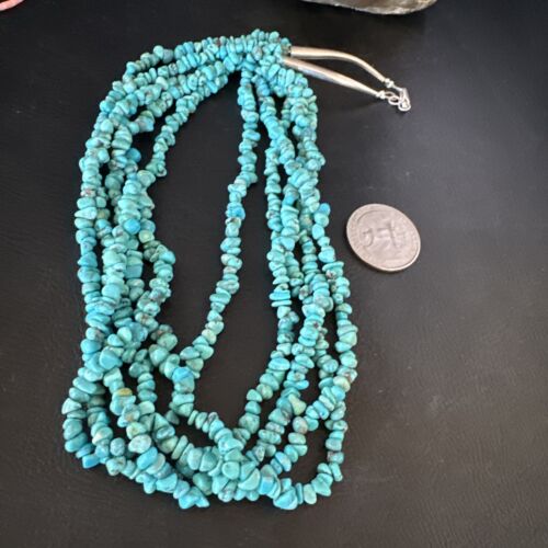 Navajo Blue Turquoise Nugget Bead Necklace | 5 Strand | Sterling Silver | 18" | 15077