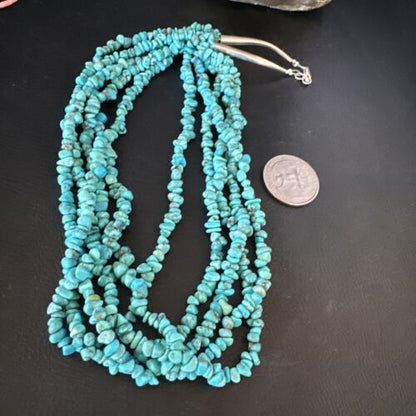 Navajo Blue Turquoise Nugget Bead Necklace | 5 Strand | Sterling Silver | 18" | 15077