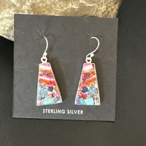 Navajo Blue Turquoise Red Spiny Oyster Inlay Dangle Earrings | Sterling Silver | Authentic Native American Handmade | 15577