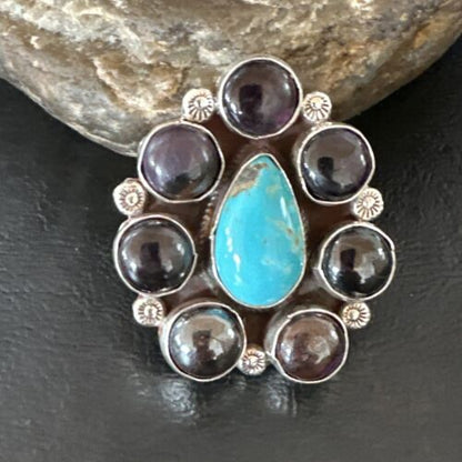 Navajo Blue Kingman Turquoise and Sugilite Cluster Ring | Authentic Native American Sterling Silver | Multi-Stone | Sz 9.5 | 16771