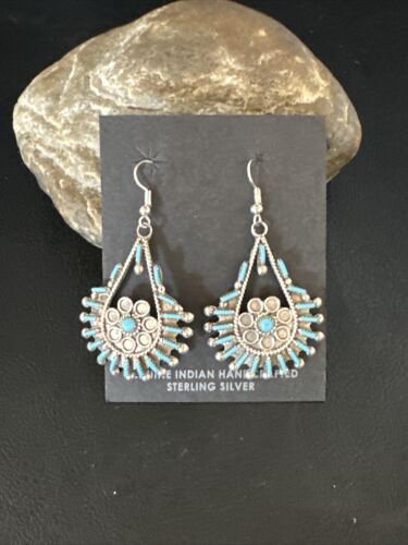Zuni Kingman Turquoise Needle Point Dangle Earrings | Sterling Silver | Authentic Native American Handmade | 14876
