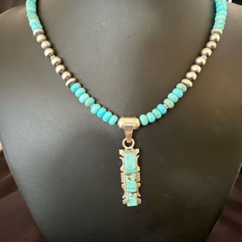 Turquoise #8 Inlay Pendant Necklace | Navajo Sterling Silver | Authentic Native American Handmade | 17072