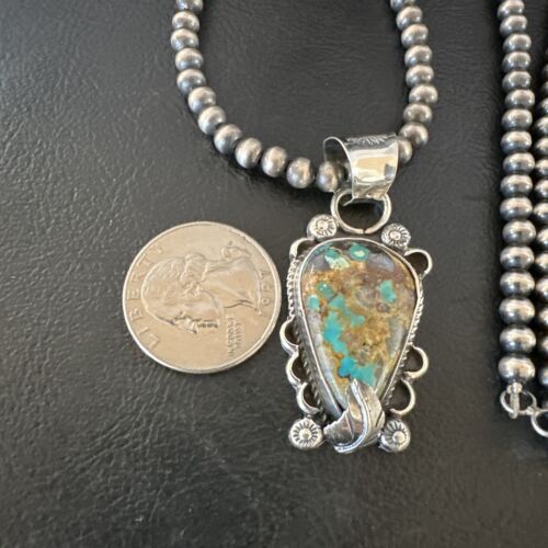 Navajo Blue Turquoise Pendant Necklace | Sterling Silver Pearls | Authentic Native American Handmade | 15657