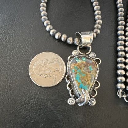 Navajo Blue Turquoise Pendant Necklace | Sterling Silver Pearls | Authentic Native American Handmade | 15657